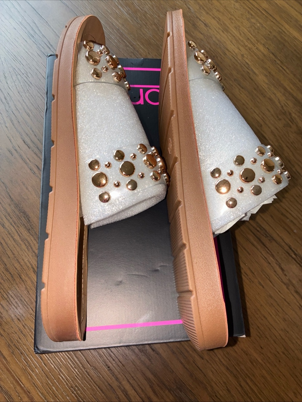 Corkys White Glitter Slide Sandals with Gold Studs - Picture 6 of 8